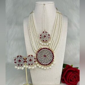 Gorgeous Hot Pink With Pearls Necklace, Studs & Head Piece Jewelry Set.